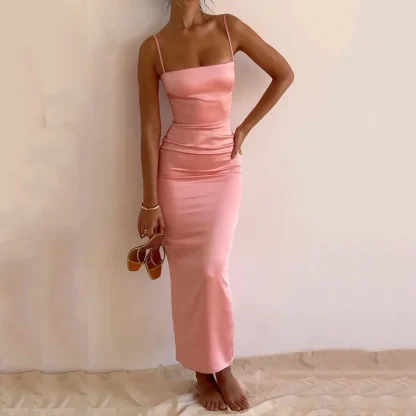Spaghetti Strap Long Pink Dress