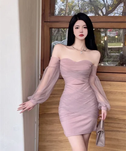 Off-shoulder Mesh Mini Pink Dress - Image 3