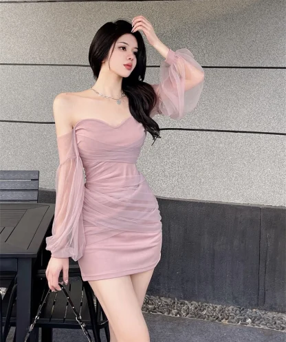 Off-shoulder Mesh Mini Pink Dress - Image 5