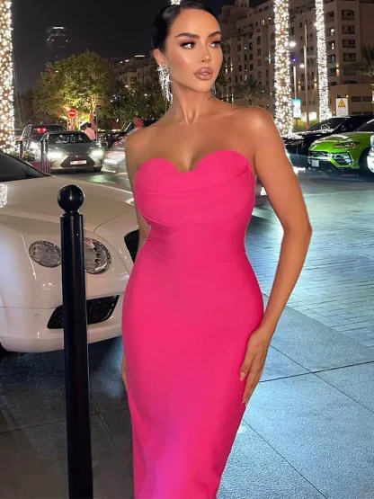 Strapless Bandage Midi Pink Dress - Image 2