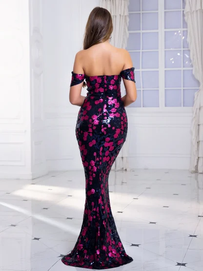 Off-shoulder Sequins Long Pink Dress - Image 3