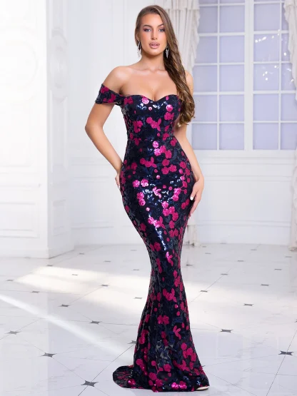 Off-shoulder Sequins Long Pink Dress