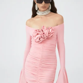 3D Flower Ruched Mini Pink Dress
