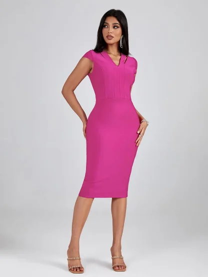 V-neck Bodycon Solid Pink Dress - Image 3