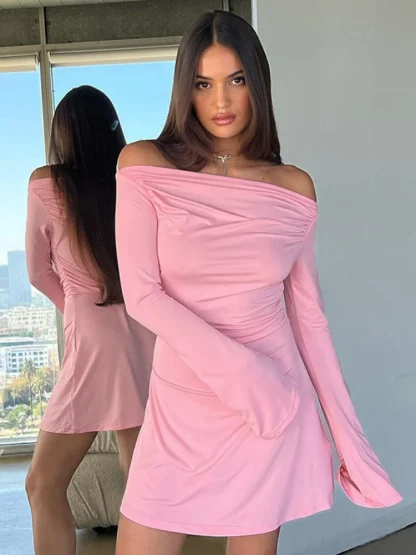 Off-shoulder Long Sleeve Pink Dress - Image 2