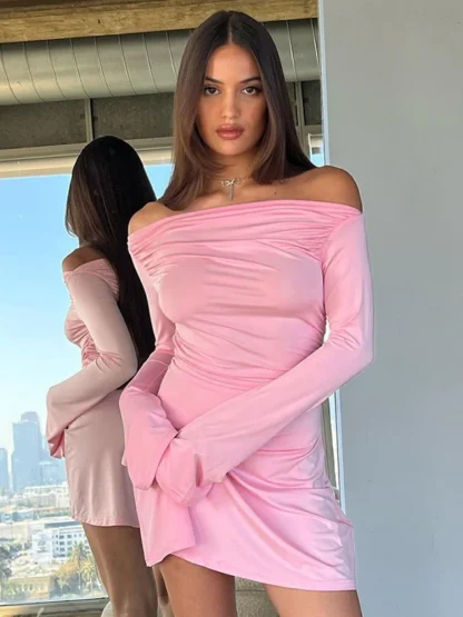 Off-shoulder Long Sleeve Pink Dress - Image 3