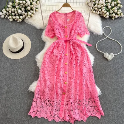 Belted Lace Midi Pink Dresses