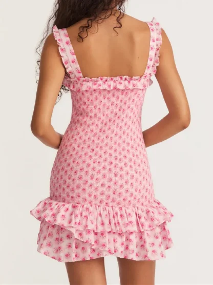 Smocked Bodice Ruffle Pink Dress - Image 3