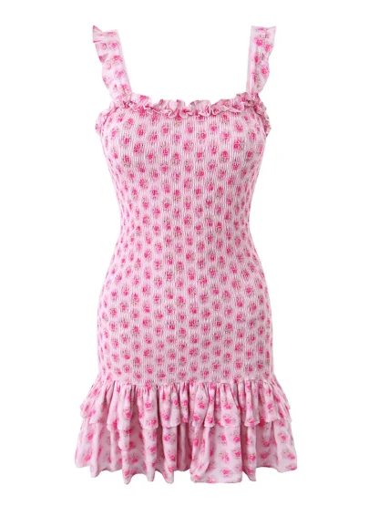 Smocked Bodice Ruffle Pink Dress - Image 6