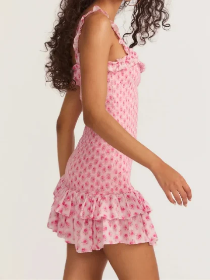 Smocked Bodice Ruffle Pink Dress - Image 2