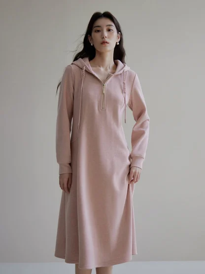 Hooded Long Sleeve Pink Dress