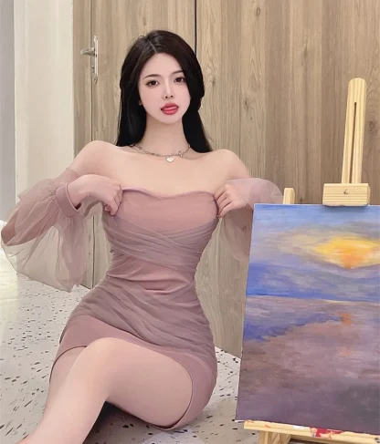 Off-shoulder Mesh Mini Pink Dress - Image 7