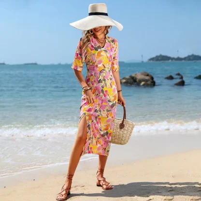 V-neck Half Sleeve Midi Pink Dress - Image 6