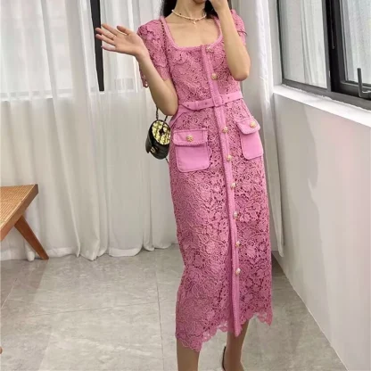 Elegant Lace Midi Pink Dress