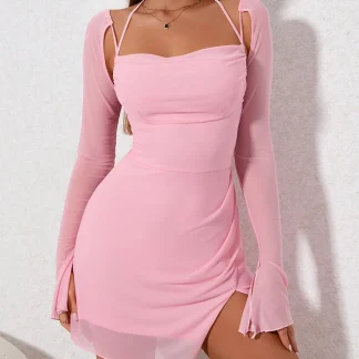 Long Sleeve Mesh Pink Dress