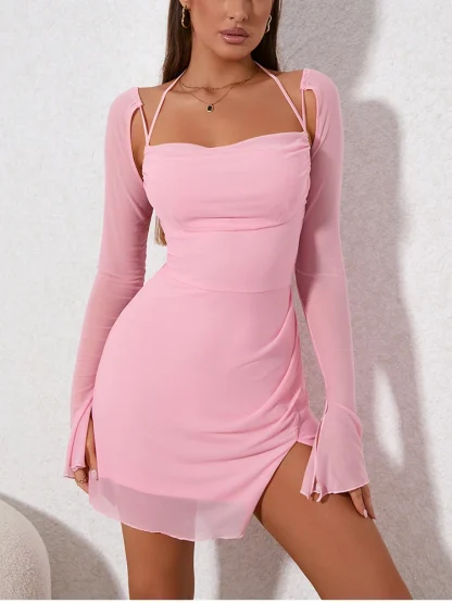 Long Sleeve Mesh Pink Dress