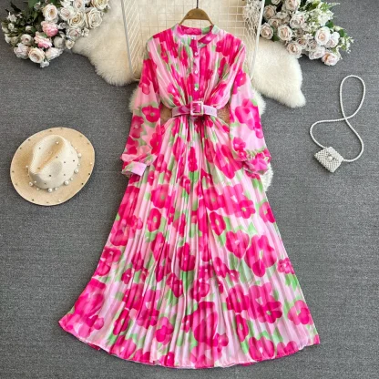 Belted Floral Pleated Pink Dresses - Image 2