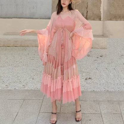 Flowy Drawstring Waist Pink Dress