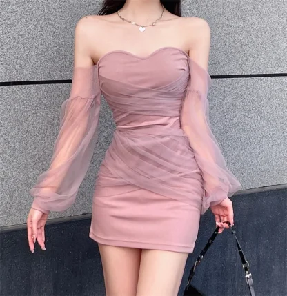 Off-shoulder Mesh Mini Pink Dress