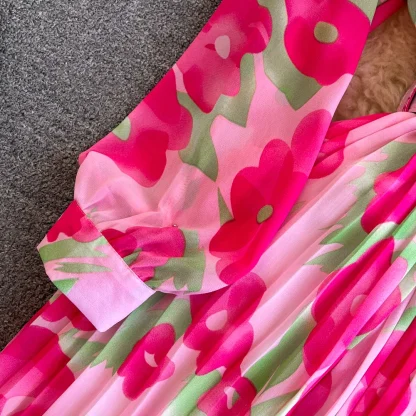 Belted Floral Pleated Pink Dresses - Image 6