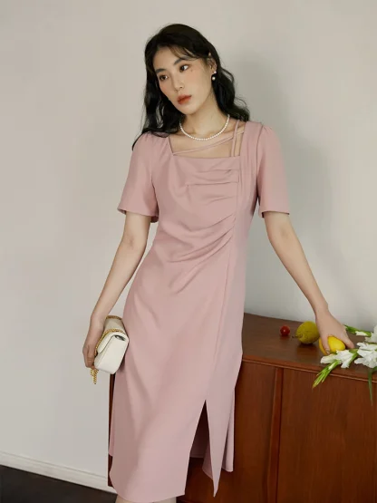 Square Neck Short Sleeve Pink Dress