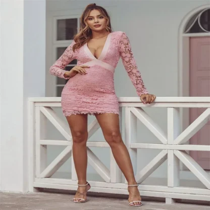 Sexy V-neck Bodycon Pink Dress - Image 2