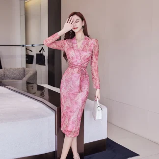 Printed Elegant V-neck Pink Dress