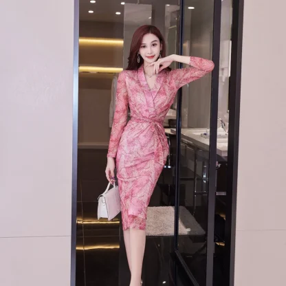 Printed Elegant V-neck Pink Dress - Image 5