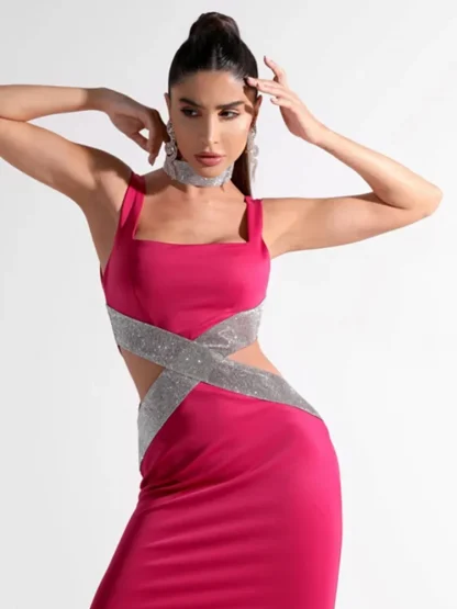 Square Neck Waist Cutout Pink Dress - Image 2