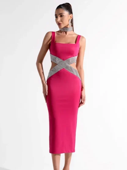 Square Neck Waist Cutout Pink Dress