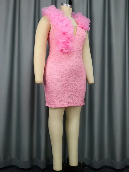 V-neck Puffy Ruffle Pink Dress - Image 3