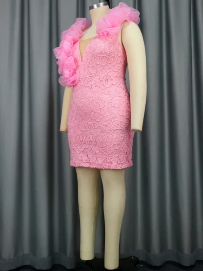 V-neck Puffy Ruffle Pink Dress - Image 4