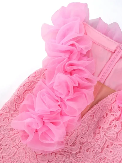 V-neck Puffy Ruffle Pink Dress - Image 5