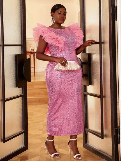 Flying Sleeve Sequins Pink Dress - Image 3