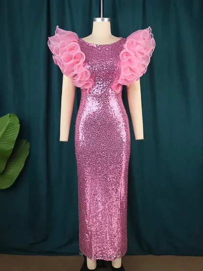 Flying Sleeve Sequins Pink Dress - Image 4