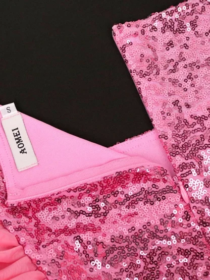 Flying Sleeve Sequins Pink Dress - Image 5