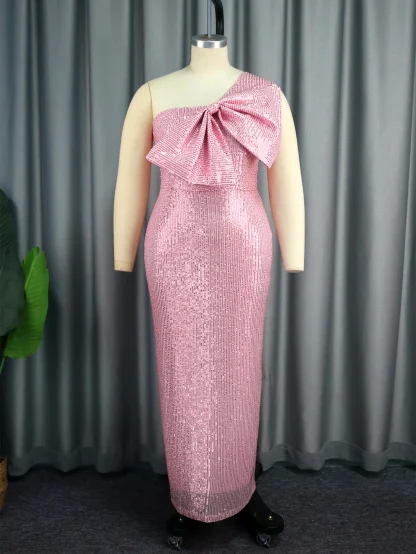 One-shoulder Bowknot Pink Dress - Image 2
